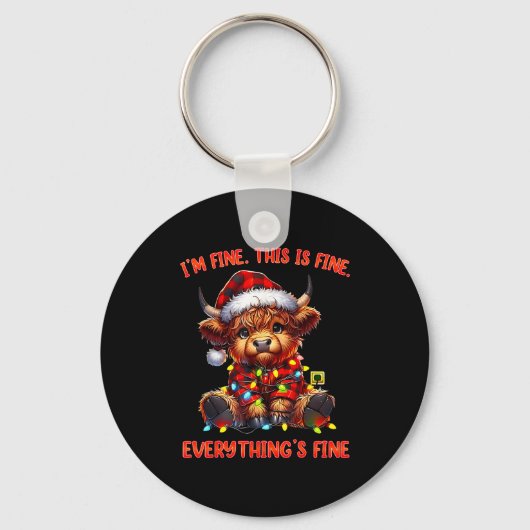 I'm Fine Everything Is Fine Christmas Highland Cow Sleutelhanger (Voorkant)