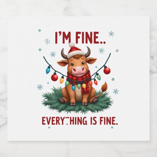 I'm Fine Everything is Fine Christmas Highland Cow Sparkling Wijnetiket (Enkel label)