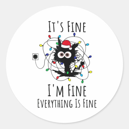 I'm Fine Everything Is Fine Cute Cat Christmas Lig Ronde Sticker (Voorkant)