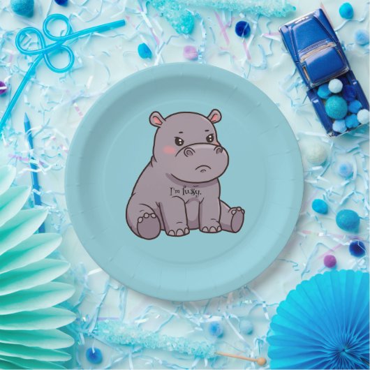"I'm fussy." Cute, Cartoon Hippo, Pouting Papieren Bordje (Feest)