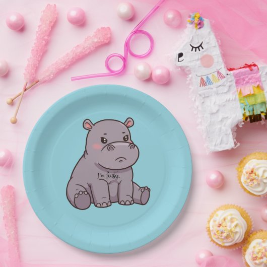 "I'm fussy." Cute, Cartoon Hippo, Pouting Papieren Bordje (Feest)