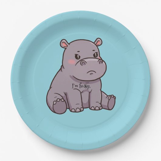 "I'm fussy." Cute, Cartoon Hippo, Pouting Papieren Bordje (Voorkant)