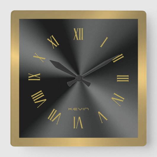 Image of Black & Gold & Metallic Stainless Steel Vierkante Klok (Voorkant)
