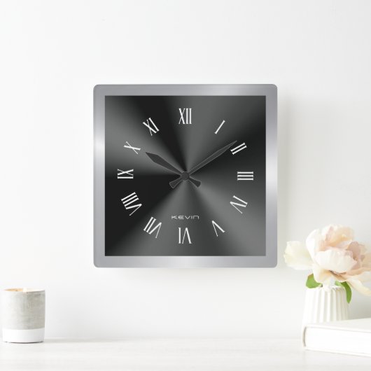 Image of Black & Silver & Metallic Stainless Steel Vierkante Klok (Huis)