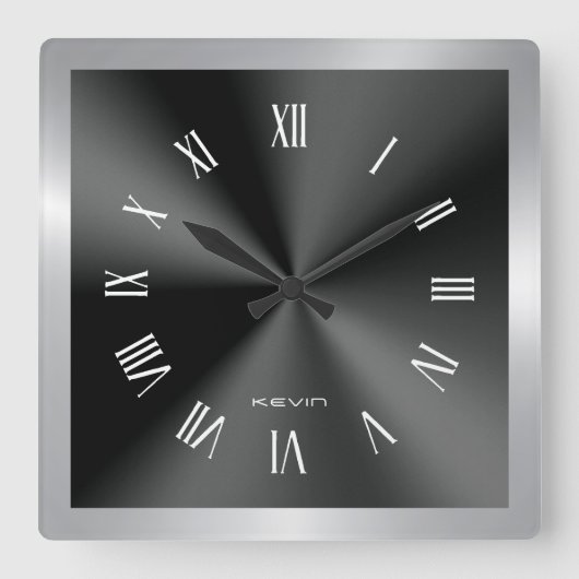 Image of Black & Silver & Metallic Stainless Steel Vierkante Klok (Voorkant)