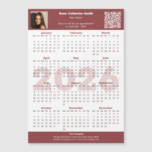 Image QR-code Burgundy White 2026 Calendar Magnet (Voorkant)
