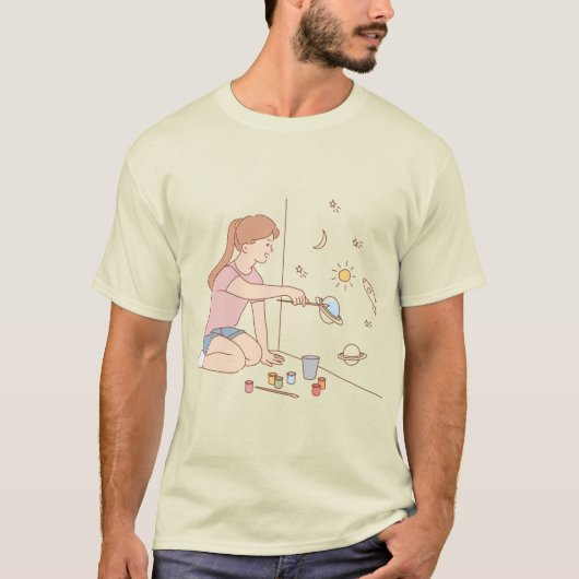Imaginative Art Girl Schilderen van het Universum  T-shirt (Voorkant)