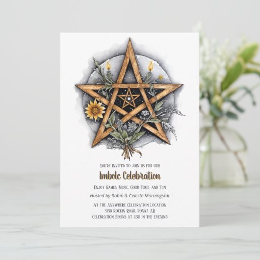 Imbolc Floral Snowy Pentacle Wiccan Vakantie Kaart (Staand voorkant)