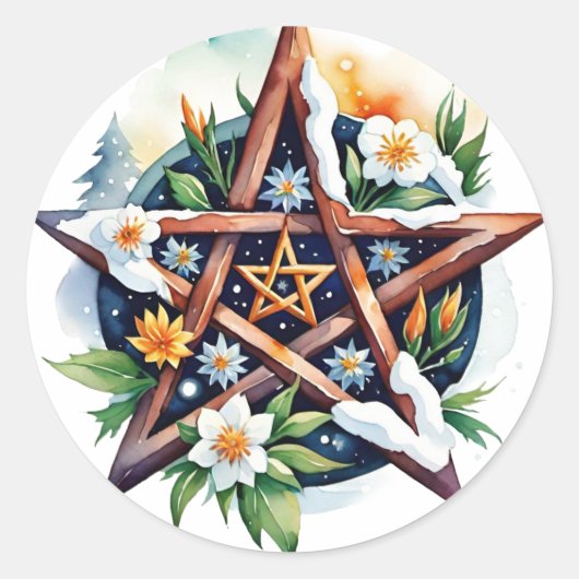 Imbolc Floral Snowy Pentacle Wiccan Vakantie Ronde Sticker (Voorkant)