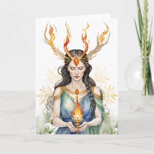 Imbolc Wiccan Goddess Flame & Gouden Sneeuwvlok Feestdagen Kaart (Voorkant)