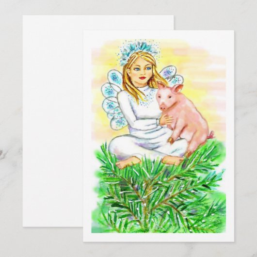 Imogene Christmas Angel Piglet JL Biel Feestdagenkaart (Voorkant / Achterkant)