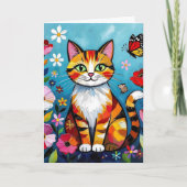 Impasto Cat, Flowers & Butterfly Birthday Kaart (Voorkant)