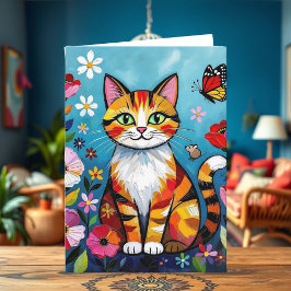 Impasto Cat, Flowers & Butterfly Birthday Kaart