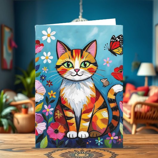 Impasto Cat, Flowers & Butterfly Birthday Kaart