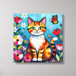 Impasto Cat, Flowers & Butterfly Canvas Afdruk
