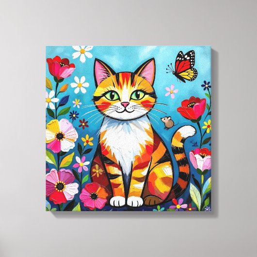 Impasto Cat, Flowers & Butterfly Canvas Afdruk (Voorkant)