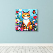 Impasto Cat, Flowers & Butterfly Canvas Afdruk (Insitu (Houten vloer))