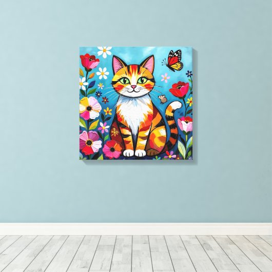 Impasto Cat, Flowers & Butterfly Canvas Afdruk (Insitu (Houten vloer))