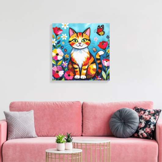 Impasto Cat, Flowers & Butterfly Canvas Afdruk (Insitu (Woonkamer))