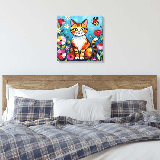 Impasto Cat, Flowers & Butterfly Canvas Afdruk (Insitu (Slaapkamer))