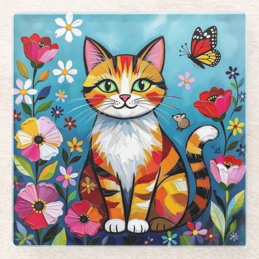 Impasto Cat, Flowers & Butterfly Glazen Onderzetter (Voorkant)