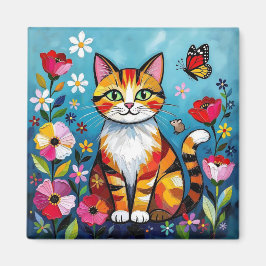 Impasto Cat, Flowers & Butterfly Magneet