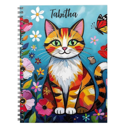 Impasto Cat, Flowers & Butterfly Personalized Notitieboek (Voorkant)