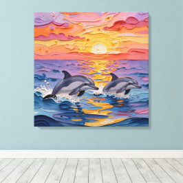 Impasto Dolfijnen en Oceaangolven Canvas Afdruk