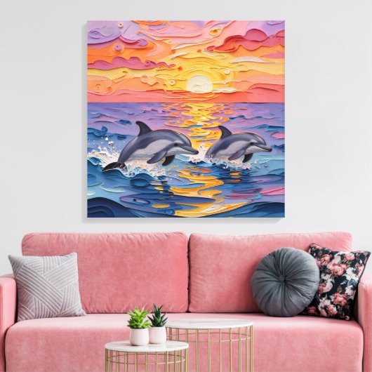 Impasto Dolphins and Ocean Waves   Canvas Afdruk (Insitu (Woonkamer))