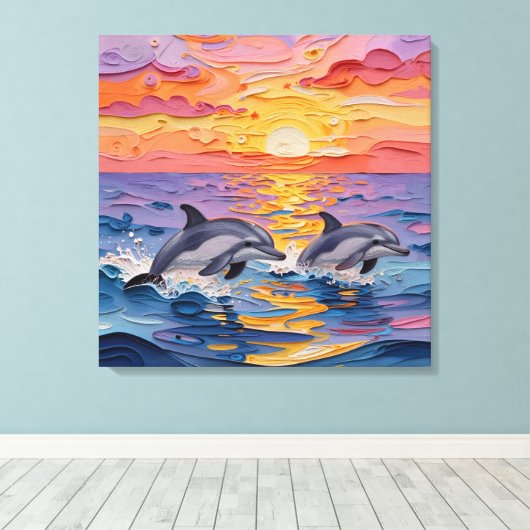 Impasto Dolphins and Ocean Waves   Canvas Afdruk (Insitu (Houten vloer))
