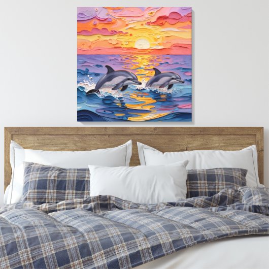 Impasto Dolphins and Ocean Waves Canvas Afdruk (Insitu (Slaapkamer))