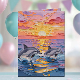 Impasto Dolphins and Ocean Waves | Happy Birthday Kaart