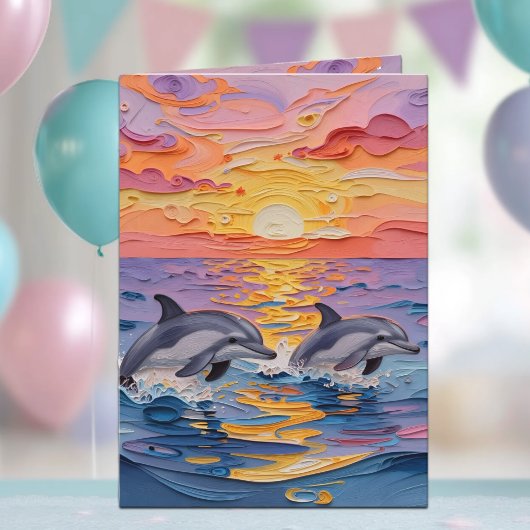 Impasto Dolphins and Ocean Waves | Happy Birthday Kaart