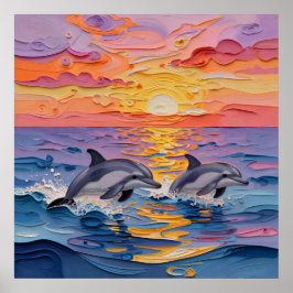 Impasto Dolphins and Ocean Waves   Poster