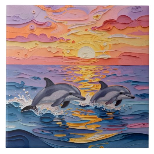 Impasto Dolphins and Ocean Waves   Tegeltje (Voorkant)