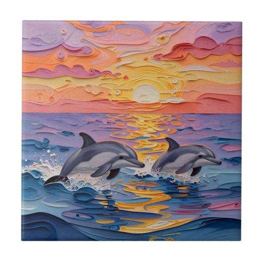 Impasto Dolphins and Ocean Waves   Tegeltje (Voorkant)