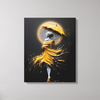 Impasto Gele Paraplu Silhouet Canvas Afdruk