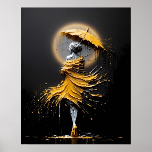 Impasto Gele Paraplu Silhouet Poster (Voorkant)