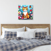 Impasto Kat, Bloemen & Vlinder Canvas Afdruk (Insitu (Slaapkamer))