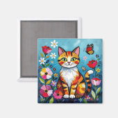 Impasto Kat, Bloemen & Vlinder Magneet (Voorkant / Achterkant)