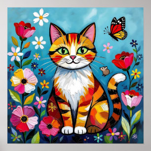 Impasto Kat, Bloemen & Vlinder Poster