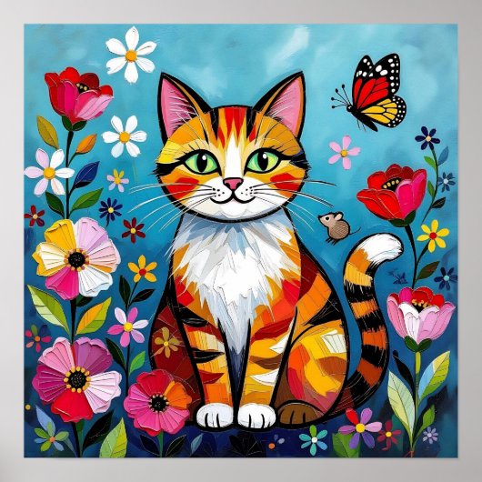 Impasto Kat, Bloemen & Vlinder Poster (Voorkant)