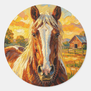 Impasto Paard op een Boerderij Ronde Sticker