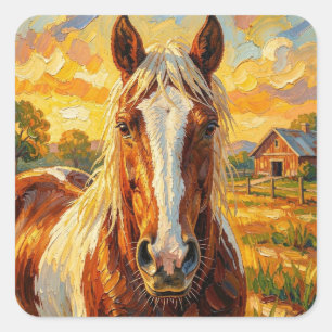 Impasto Paard op een Boerderij Vierkante Sticker