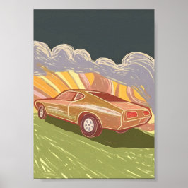 Impasto Retro Muscle Car Wervelende Weg Zonsonderg Poster