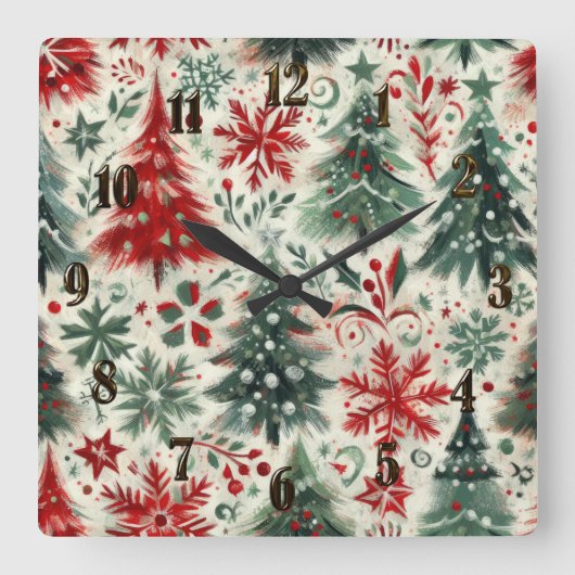 Impasto Rood en Groen Kerstmis Motieven Collage Vierkante Klok (Voorkant)