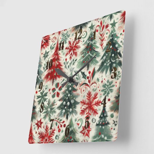 Impasto Rood en Groen Kerstmis Motieven Collage Vierkante Klok (Hoek)