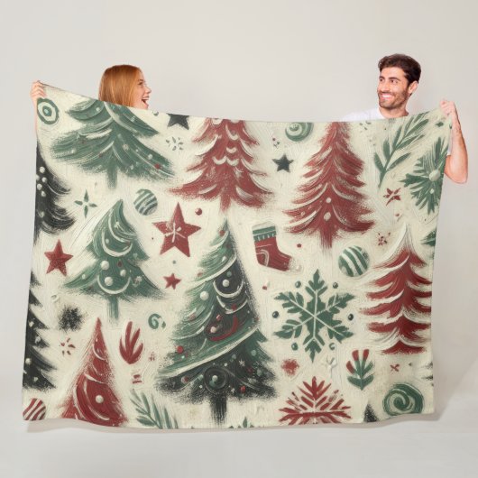 Impasto rood en groen kerstmotieven collage fleece deken (In situ)