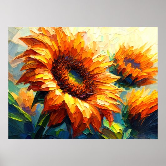 Impasto Schilderen van Zonnebloemen Poster (Voorkant)