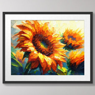 Impasto Schilderen van Zonnebloemen Poster